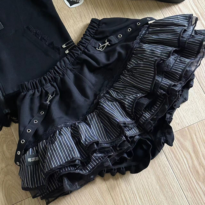 Y2k estetiska randiga kjolar kvinnor streetwear spets lapptäcke vintage kawaii minikjolar harajuku hög midja flickor tårtkjol: L