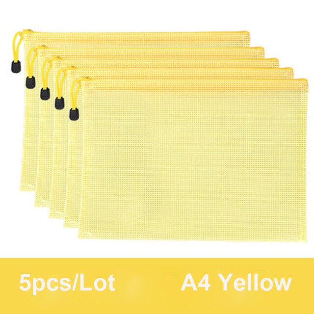 5Pcs Transparent A4 Size Mesh Zipper Plastic Folder ,Desk Paper Pencil Document Organizer Storage Bag Waterproof Stationery: 5pcs-yellow
