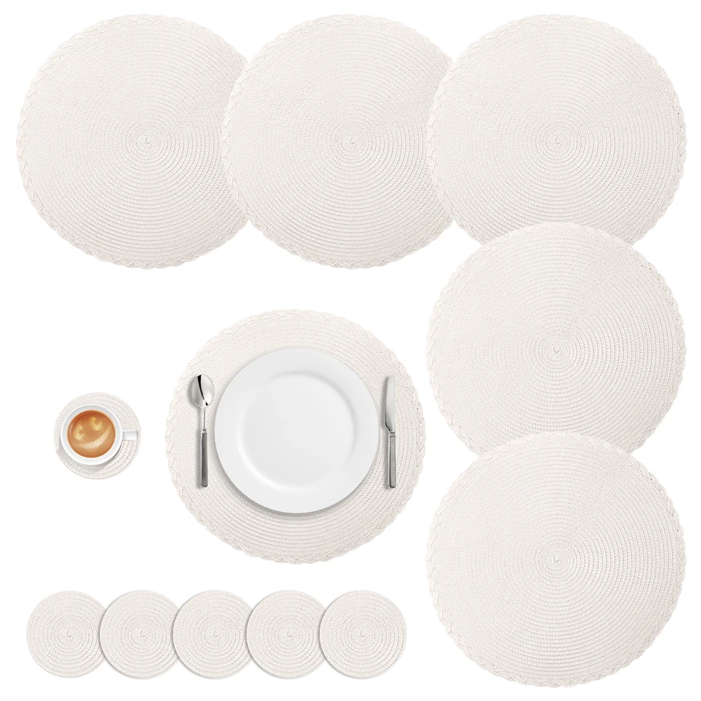 Set med 6 Runda Bordsunderlägg och Glasunderlägg Flätat Vävda Tvättbara Värmebeständiga Mats: Elfenben