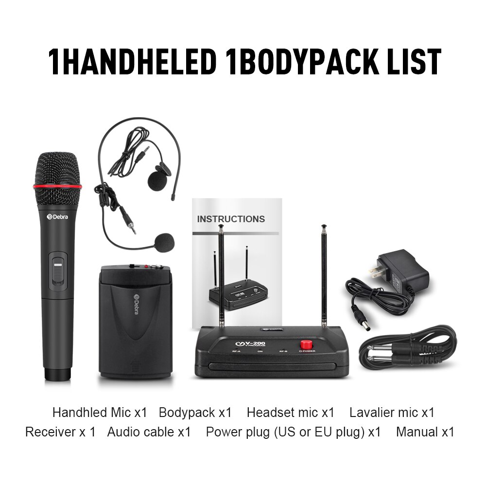 V-200 2channel VHF Wireless Microphone System with handheld and bodypack within 50 meters for karaoke Family Party: 1handheld 1bodypack