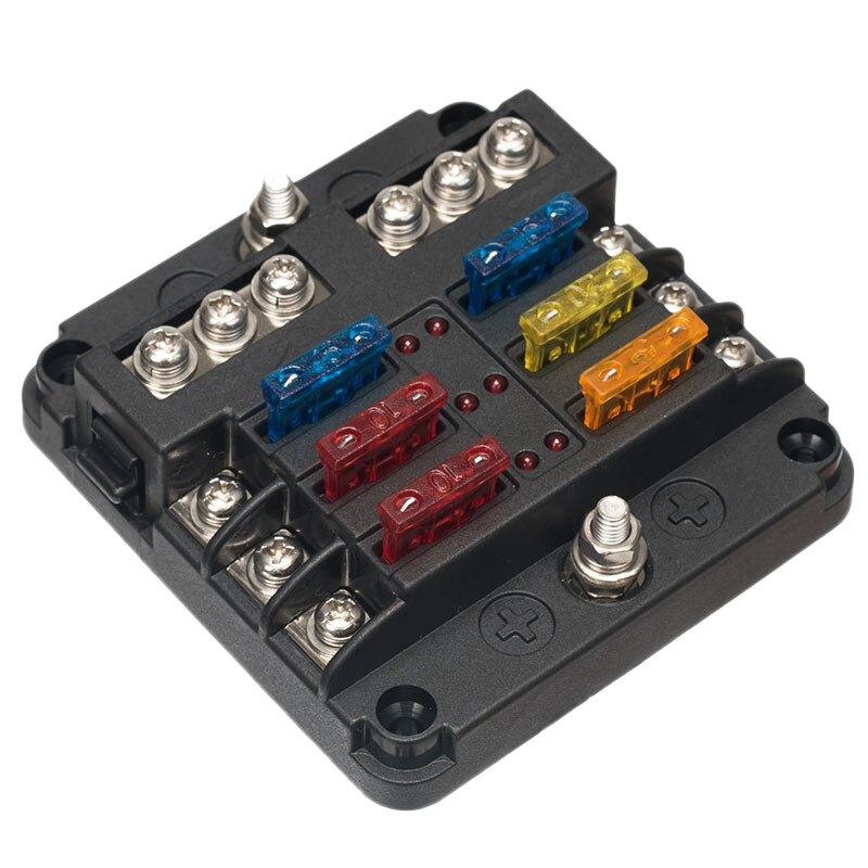 6-Way Fuse Box with Negative LED Lampfor Auto, RV, Car, Boat, Marine, Truck Waterproof Fuse