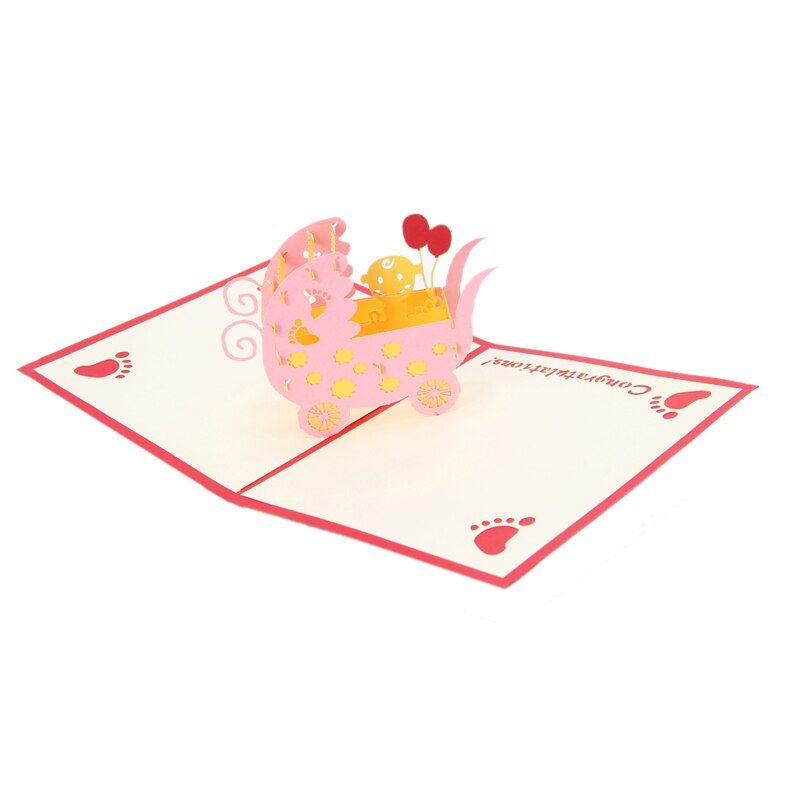3D Baby CarriagesGreeting Card Pop Up Paper Cut Postcard Birthday Party: Pink