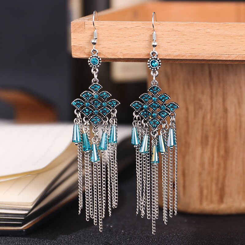 Bohemian Long Tassel Earrings 2022 Trend Water Alloy Crystal Beads Women Vintage Rhinestone Chain Earrings: E1938Aquamarine