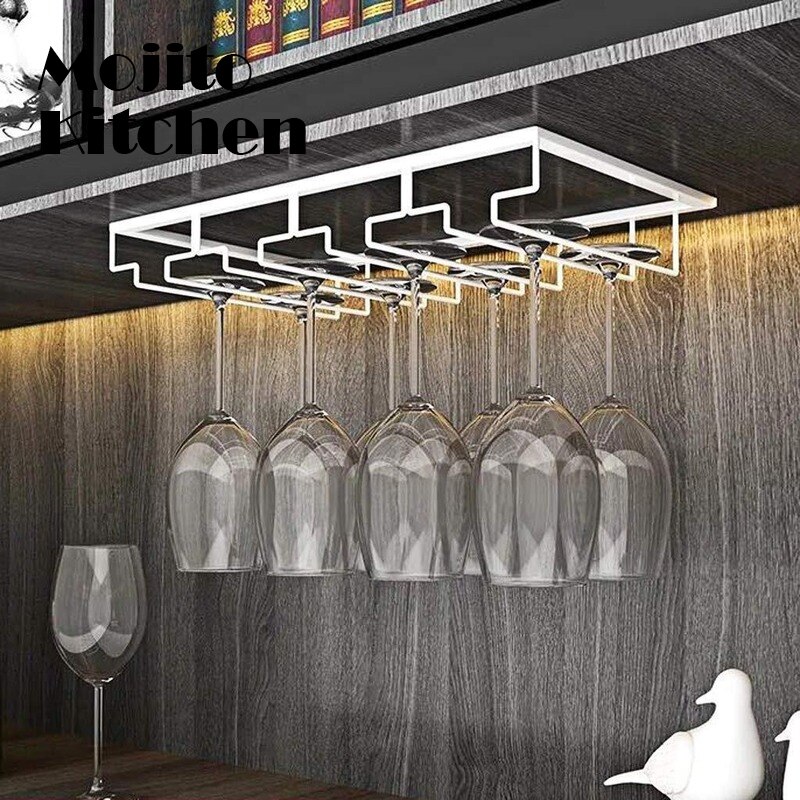 Soporte de copas de vino para barman, estante colgante debajo del gabinete, organizador de vidrio, barra de hierro, herramienta, barra de exhibición de botellas: White-4-slots
