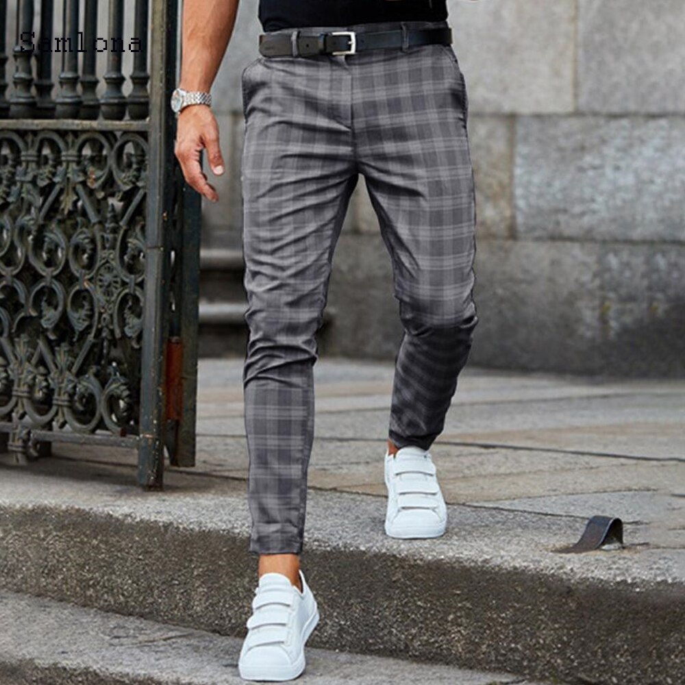 Pantalones de verano y otoño para hombre, pantalones delgados de felpa, pantalón casual con cremallera, ropa de calle a cuadros, ropa de oficina para hombre, pantalón ajustadas coreanas, tendencia
