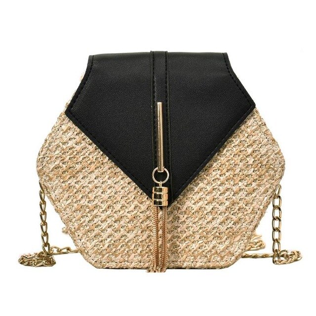 Bandoleras de mimbre estilo bohemio para mujer, bolso cruzado tejido de mimbre hexagonal , bolsos de paja de playa para verano para mujer, bolsos pequeños hechos a mano: black