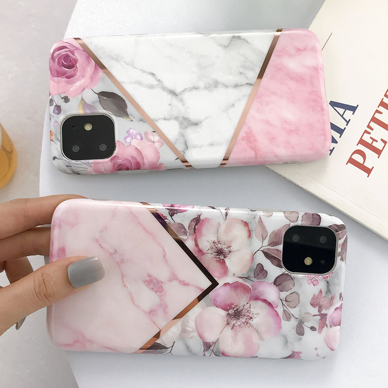 USLION Electroplate Marble Flower Phone Case For iPhone 11 Pro Max X XS XR Xs Max Cases For iPhone 6 6s 7 8 Plus Soft IMD Cover