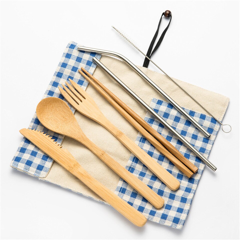 Hout Bestek Servies Vork Lepel Mes Tandenborstel Eetstokjes met Bestek Zak Draagbare Bestek Reizen Bestek Set
