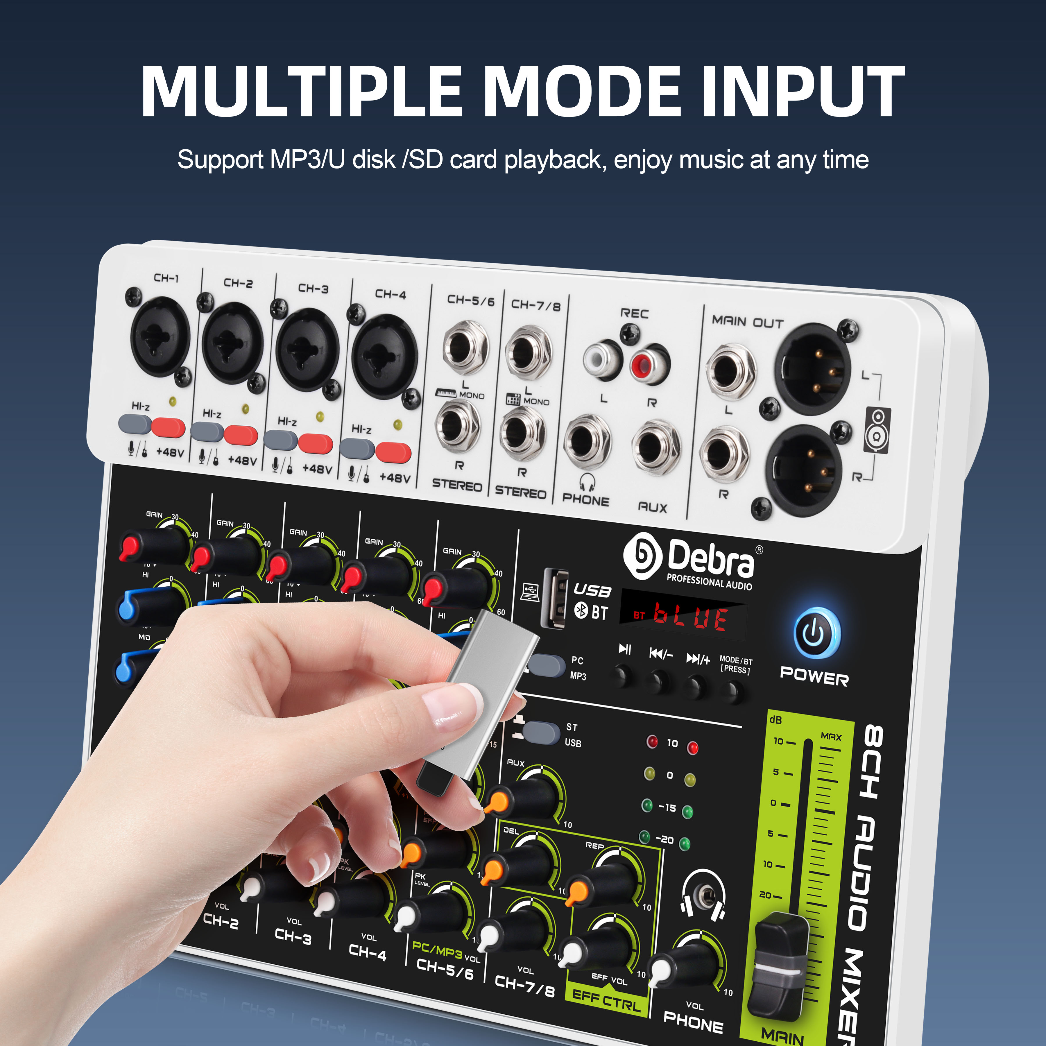 Debra V8 8 Kanäle Audio Mixer mit Bluetooth USB 48V Phantom Power Verzögerung Wiederholung Effekt für Sound Mischpult PC Aufnahme