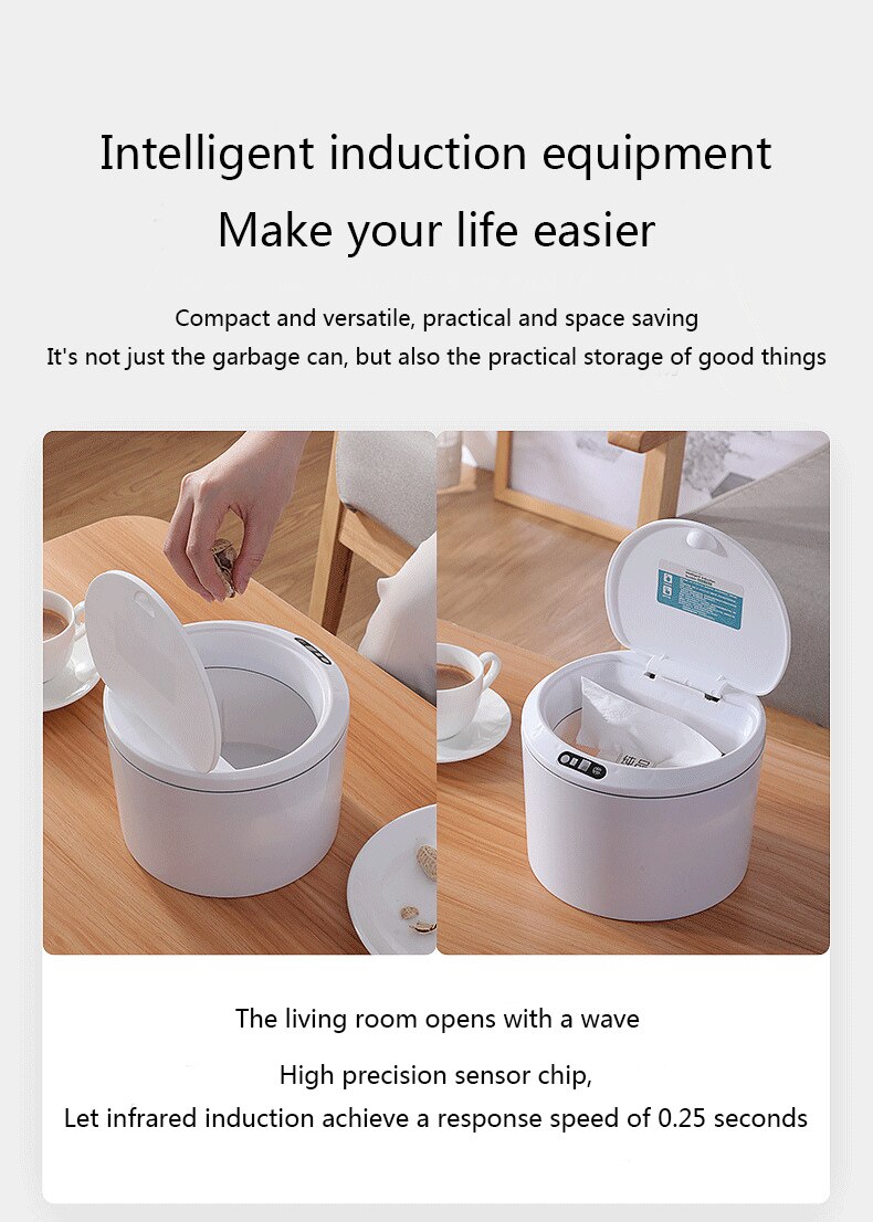 Smart Induction Trash Can Solid Color Desktop Snack Stationery Waste Bin Office Kitchen Bedroom home car