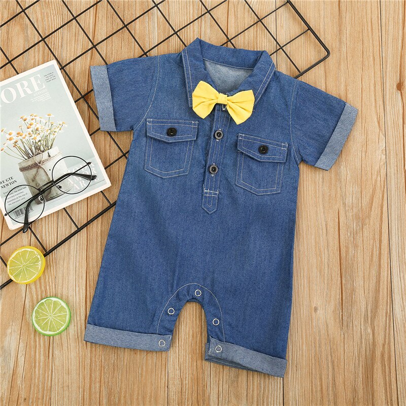 Baby Romper Kids Blauw Turn-Down Kraag Korte Mouwen Jumpsuit Bow-Tie Voor Zomer Baby Boy Kleding 0-24 Maanden