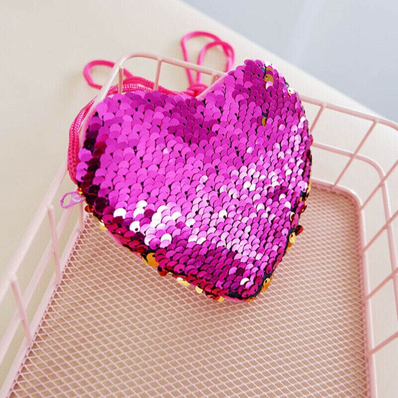 Moda lantejoulas coração crianças bolsa de ombro moeda do bebê meninas bolsa mini mensageiro bolsa pequena moeda bolsas: Rosa quente