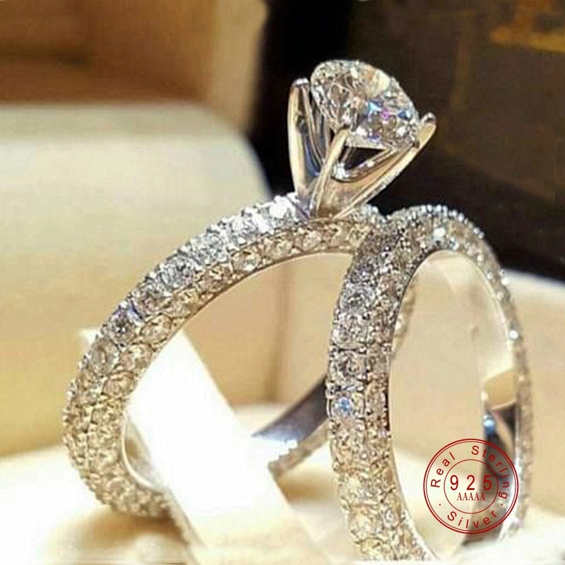 Silver Color Ring Sets With Full White CZ Crystal For Women/Girls Engagement Jewelry With 2 PCS
