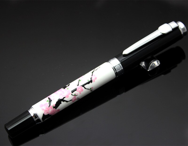 Jinhao 8802 Blue and White Porcelain Fountain Pen 18kgp Medium Nib Plum Blossom Bird Painting Pen: S