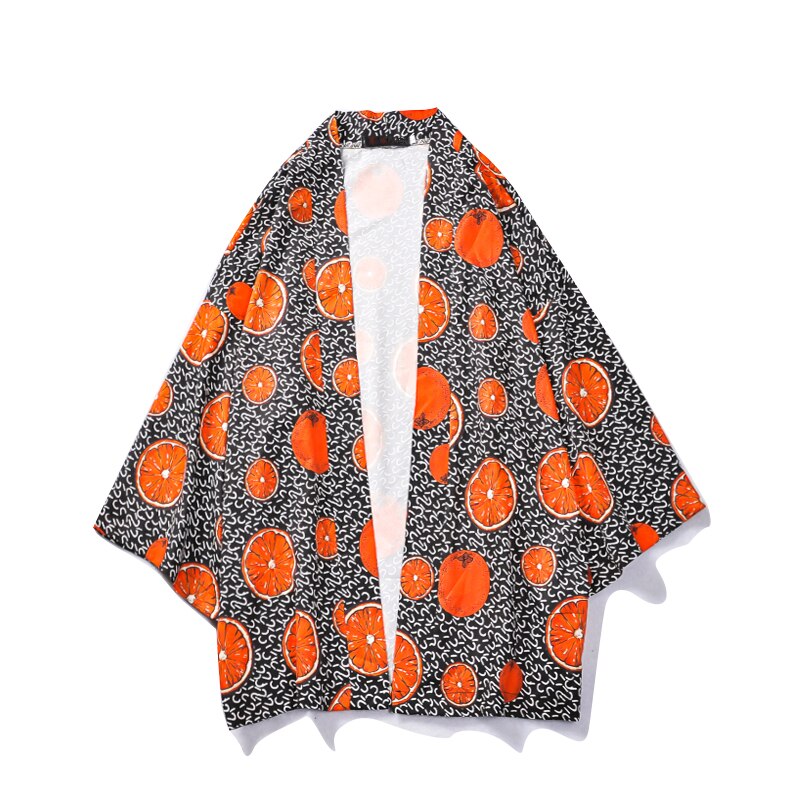Bebovizi Yukata Haori-Kimono japonés con estampado naranja para hombre, chaqueta de disfraz, camisa de playa urbana, ropa para hombre: XL