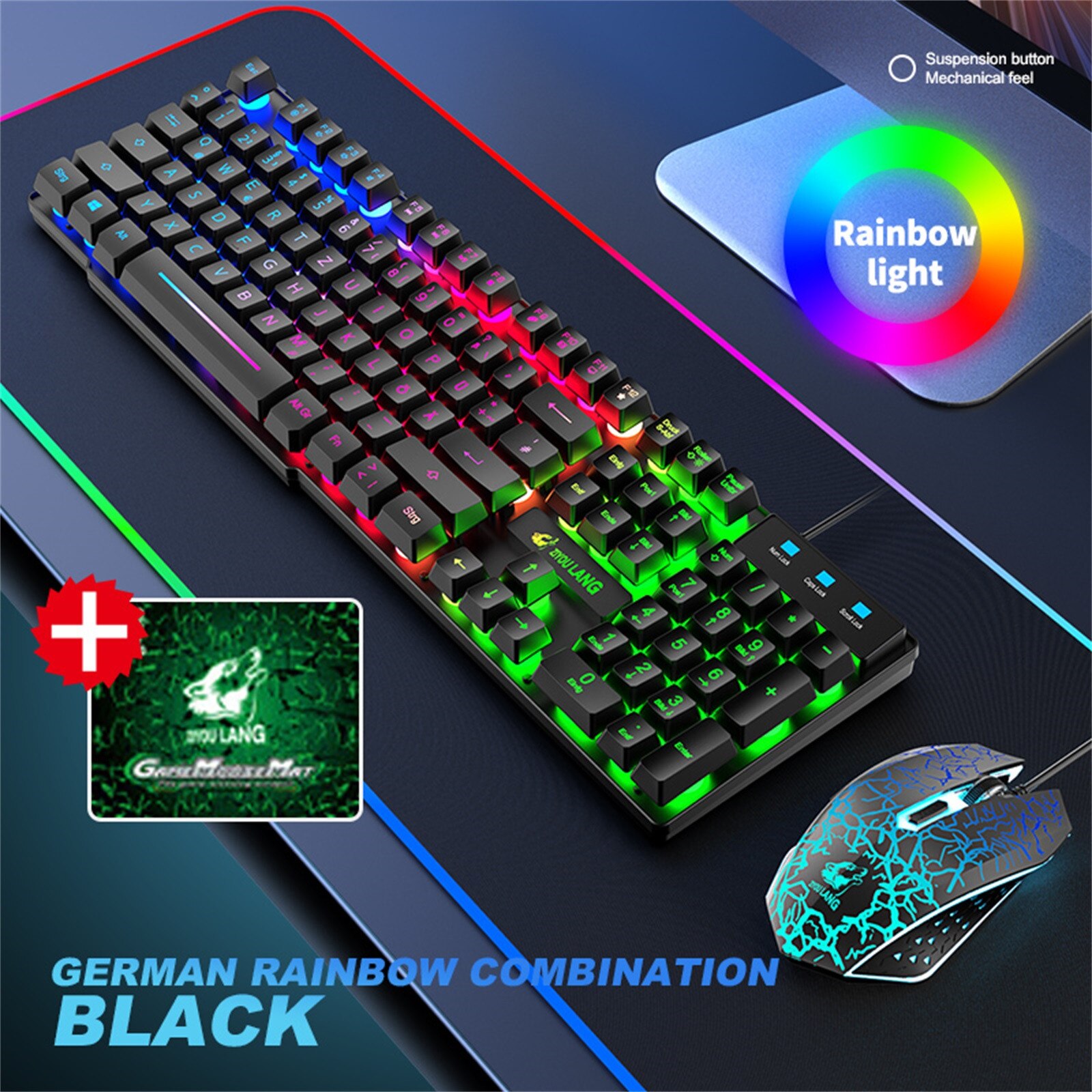 German keyboard rainbow backlit wired USB ergonomic waterproof game keyboard and 2400DPI 6 key LED notebook game mouse