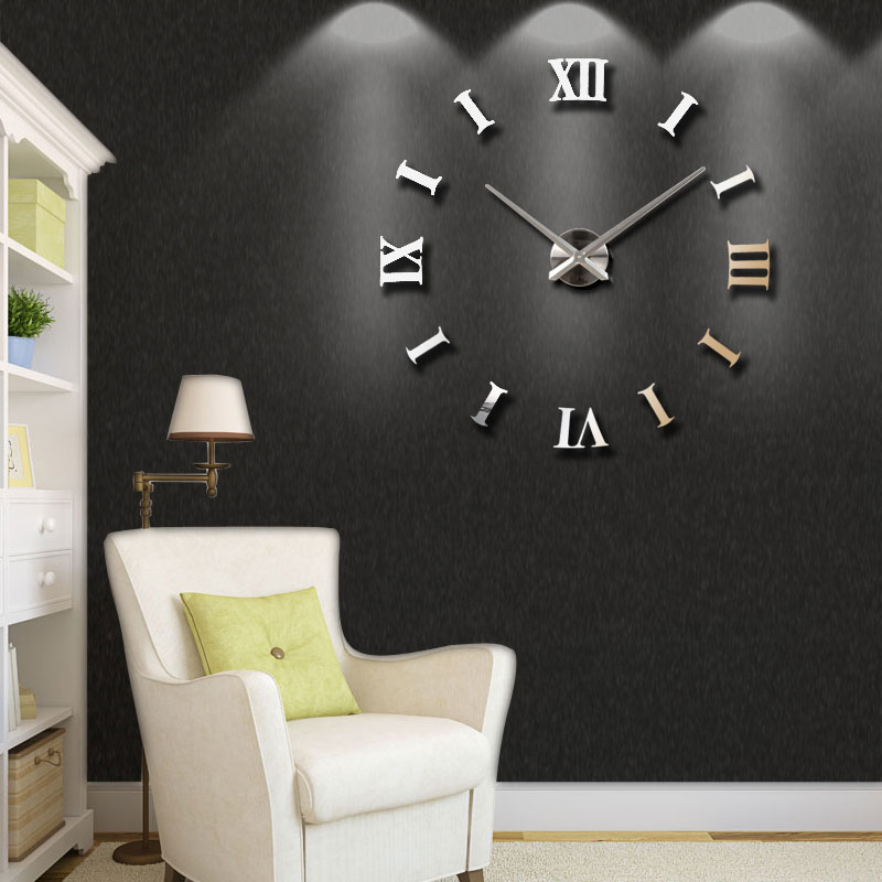 2022 Home decoration big 27/47inch mirror wall clock modern 3D DIY large decorative wall clock watch wall unique: Silver Silver Center / 47inch