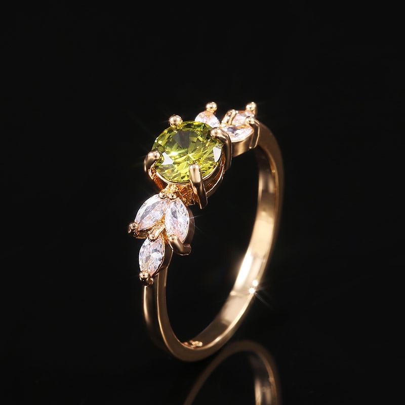 Huitan Zarte Frauen Hochzeit Ring Olivgrün Runde Zirkon mit Lassen bilden Elegante Gold Farbe Mädchen Ringe modisch Schmuck