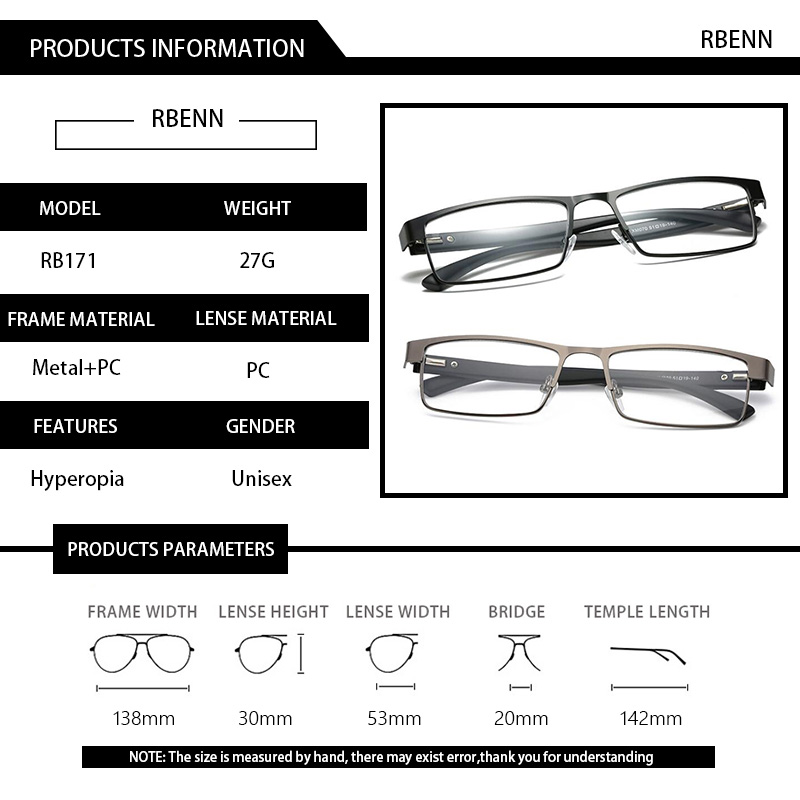 Rbenn metal frame men óculos de leitura do vintage negócios hyperopia eyewear masculino óculos de leitura + 1.25 1.75 2.75 3.75 5.0 6.0