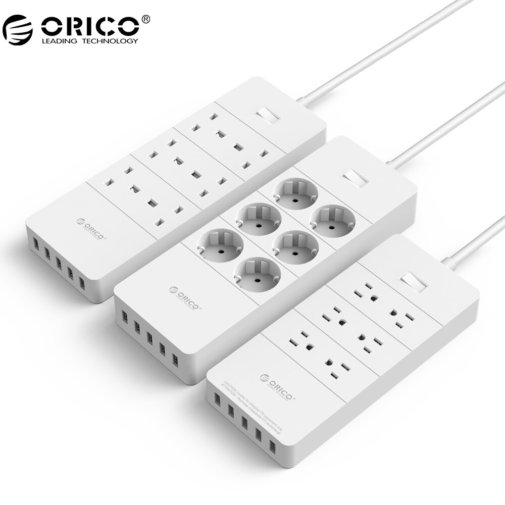 Orico Power Strip - 6 AC Outlets + 5 USB Ports - 4000W Surge Protector - 1.5m Cable - EU/US/UK Plug: UK Plug / White