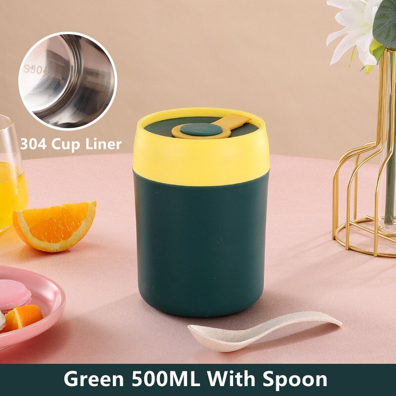 304 Stainless Steel Breakfast Cup Milk Oatmeal Insulation Cups Students Work Adult Insulating Soup Leakproof Cup With Spoon Lid: 304 Green