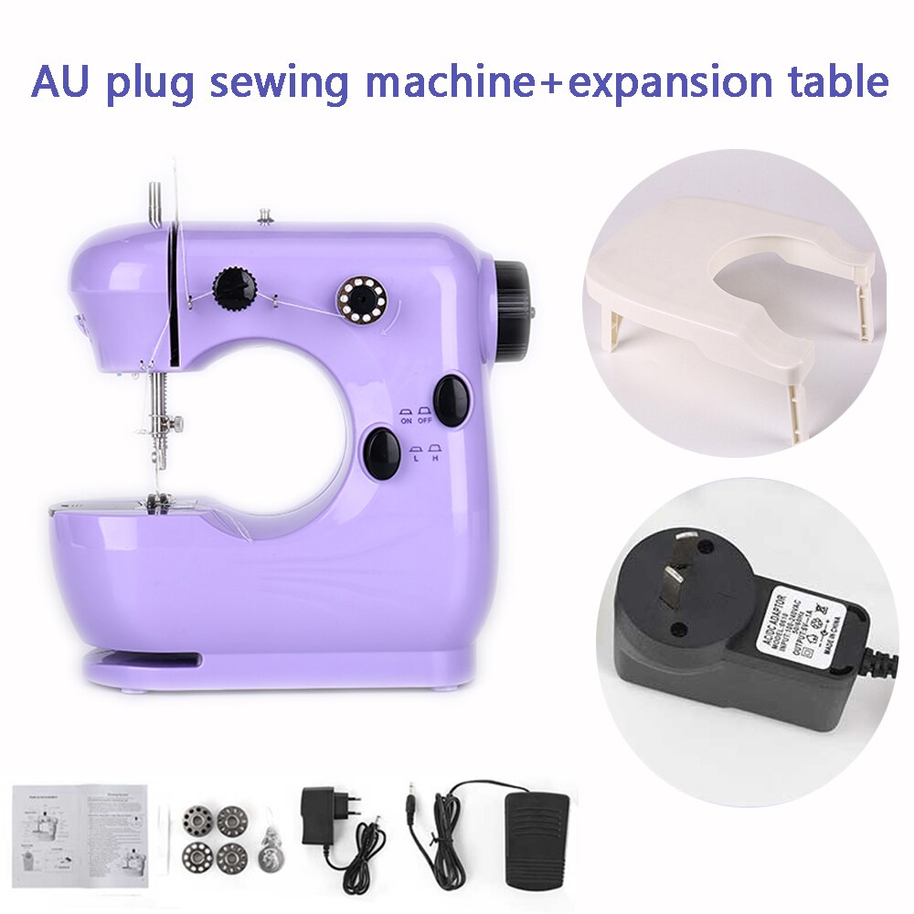 Sewing Machine Mini Portable Electric Household Pedal Multifunctional With Night Light Handmade DIY Purple For Beginners: AU plug with table