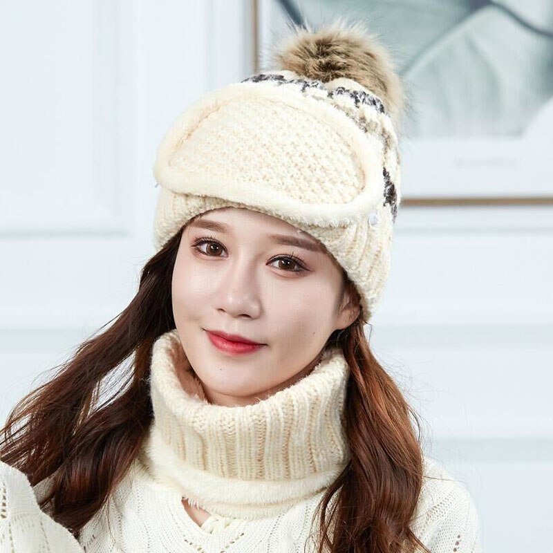 Gebreide wintermasker muts sjaal set dames dikke pompom mutsen ringsjaal warme wollen winteraccessoires voor dames winterset: Beige