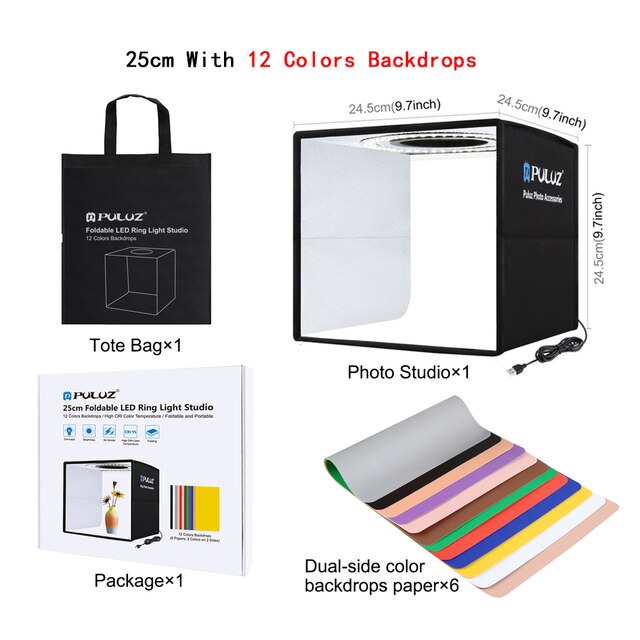 Puluz Photo Studio Box Mini Ring LED Lightbox Photography Lighting Studio Shooting Tent Box Kit &amp; 6 Color Photographic Backdrops: 25cm New Version