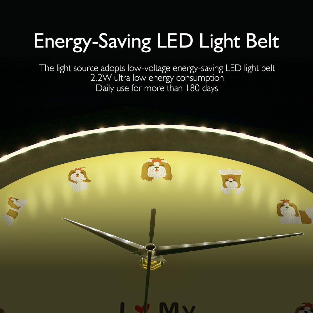 Shih Tzu Nursery Animal LED Wall Clock Chinese Lion Dog Sound Activated Night Light Lamp Metal Frame Silent Timepiece