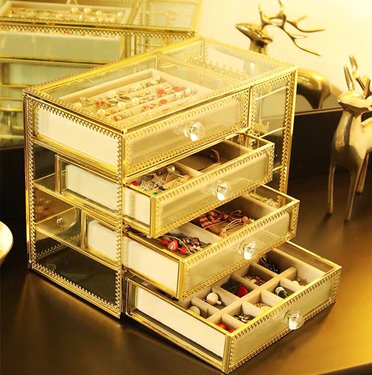 Antique Spacious Mirror Glass Cosmetic Storage Cube Set with 3 Tier Dustproof Drawers Vanity Tray/Gold Metal Makeup Storage