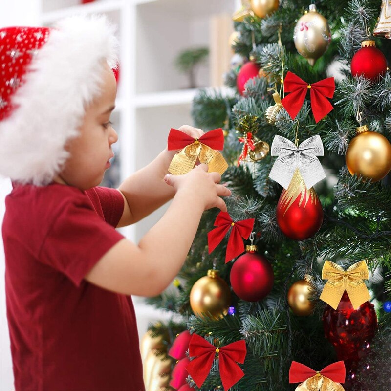 48 stuks kerstlinten, strikken, ornamenten, kerstboomdecoratie, cadeaus, inpakmateriaal, knutselspullen ((4 kleuren)