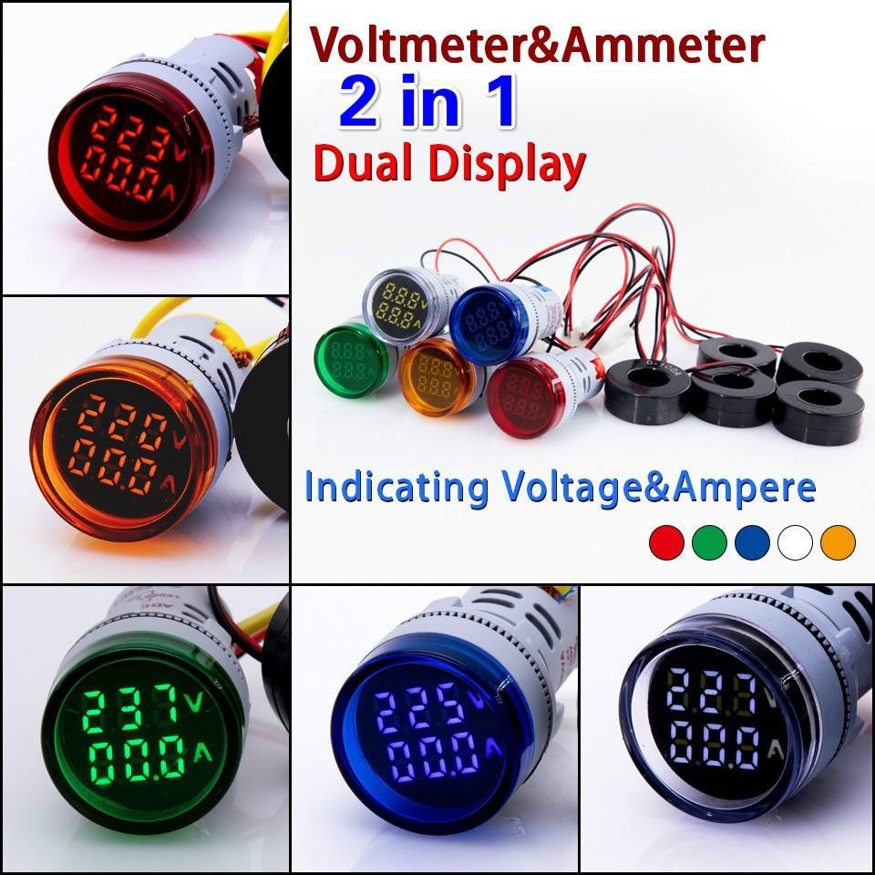 Mini Digitale Voltmeter Amperemeter 22Mm Ronde Ac 50-500V 0-100A Amp Volt Voltage Tester Meter Dual Led indicator Pilot Lamp Licht