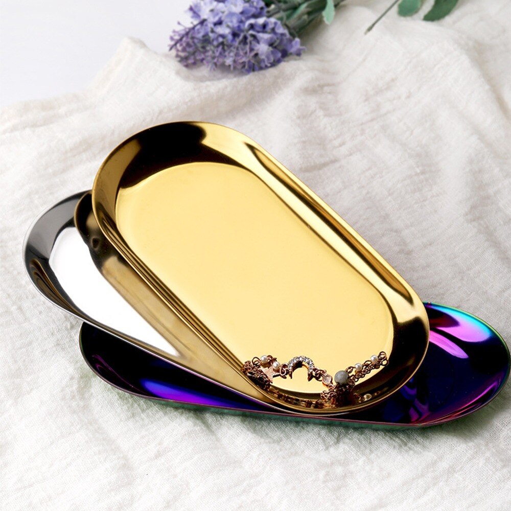 Stainless Steel Gold Storage Tray Fruit Snacks Jewelry Display Plate Kitchen Organizer Tools Metal Dessert Plate Home Storage