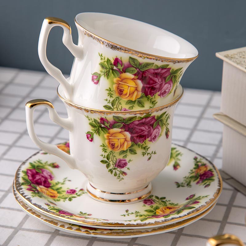 Juego de café de hueso inglés de china, juego de té de la tarde, taza de café antigua Rosa europea, plato, de cumpleaños de boda