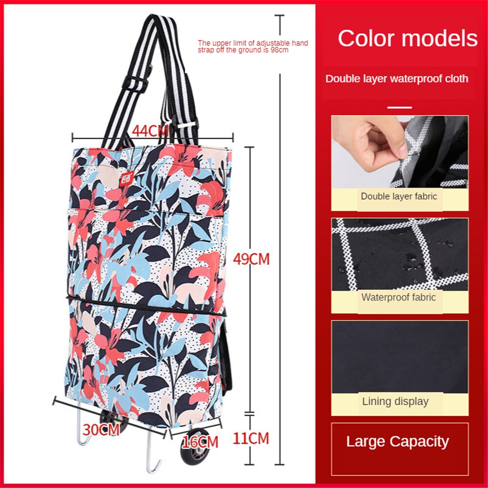 B-LIFE Large Rolling Shopper Tote Bag Folding Shopping Bags with Wheels Foldable Trolley Cart Reusable Grocery Waterproof: Red