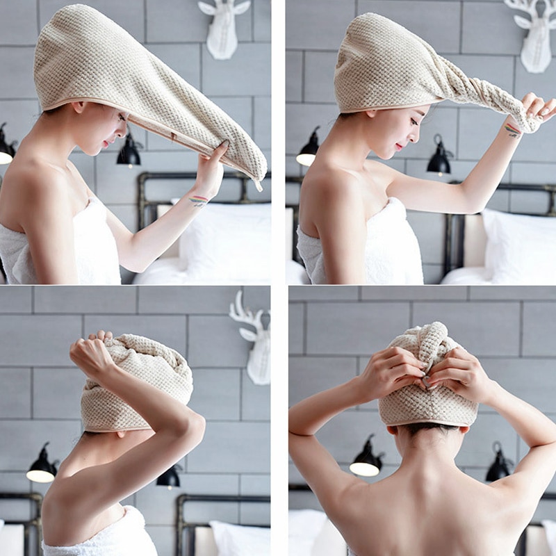 Toalla de microfibra para el cabello, secado de cabello, gorra de secado rápido, toalla de cabeza giratoria con botón xr