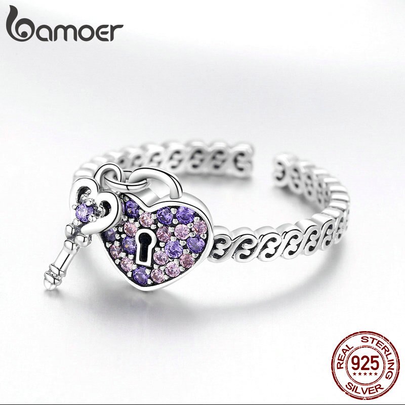 Bamoer Echt 925 Sterling Silver Love Heart Key Paars Cz Vinger Ringen Voor Vrouwen Wedding Engagement Sieraden Anel SCR486