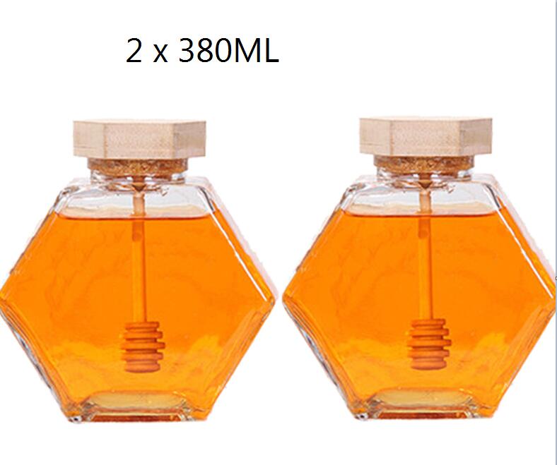 Glas honning krukke til 220ml/380ml mini lille honning flaske container gryde med træ honning stick ske: 2 x 380ml