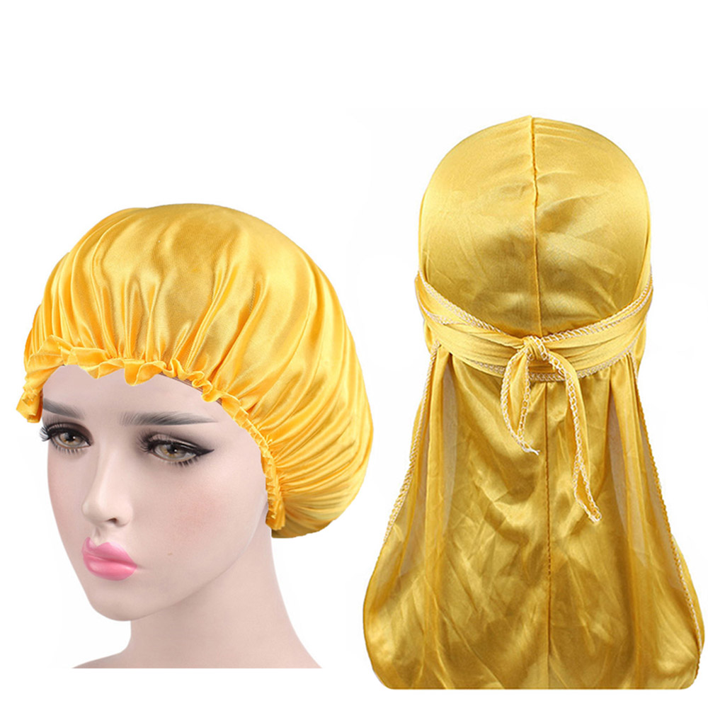 Silkemyk durag og pansersett for menn og kvinner langhale du-rag waves cap turban: Gull