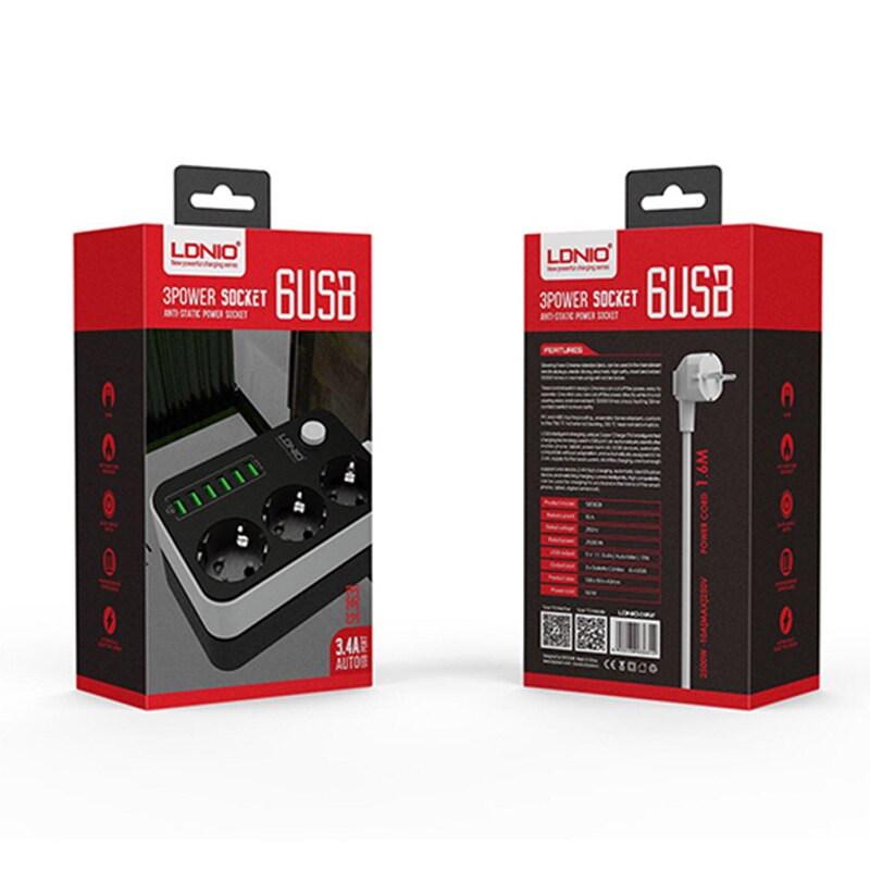 Enchufe ruso de la UE interruptor de la tira de alimentación eléctrica 3 salidas 6 puertos USB de carga rápida enchufe de extensión 1,5 M Cable Protector contra sobretensiones
