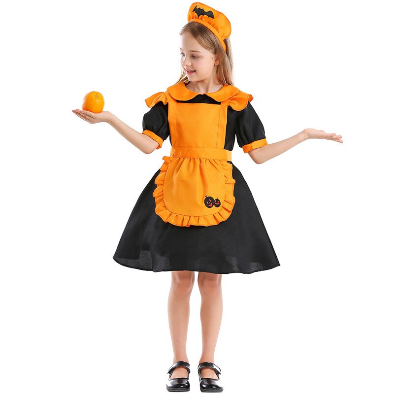Halloween græskar kostume børn piger orange slik outfit stuepige cosplay kjole sødt barn hallowmas dress up