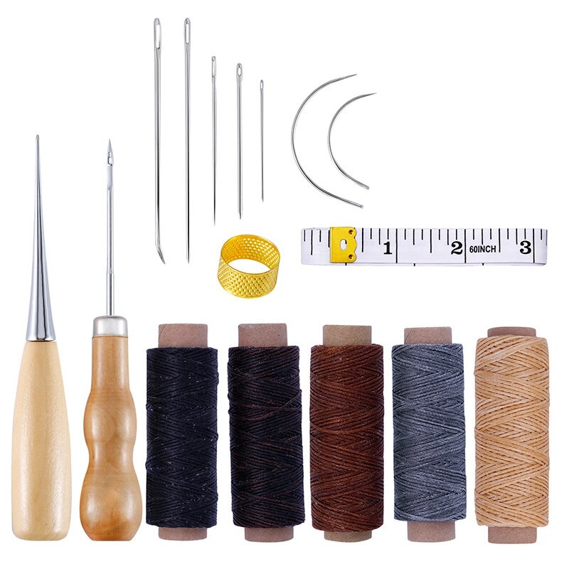 16Pcs/Set Leather Sewing Kit with Waxed Thread Leather Needle Sewing Awl Thimble Leather Working Tools for Shoemaker Canvas: Default Title