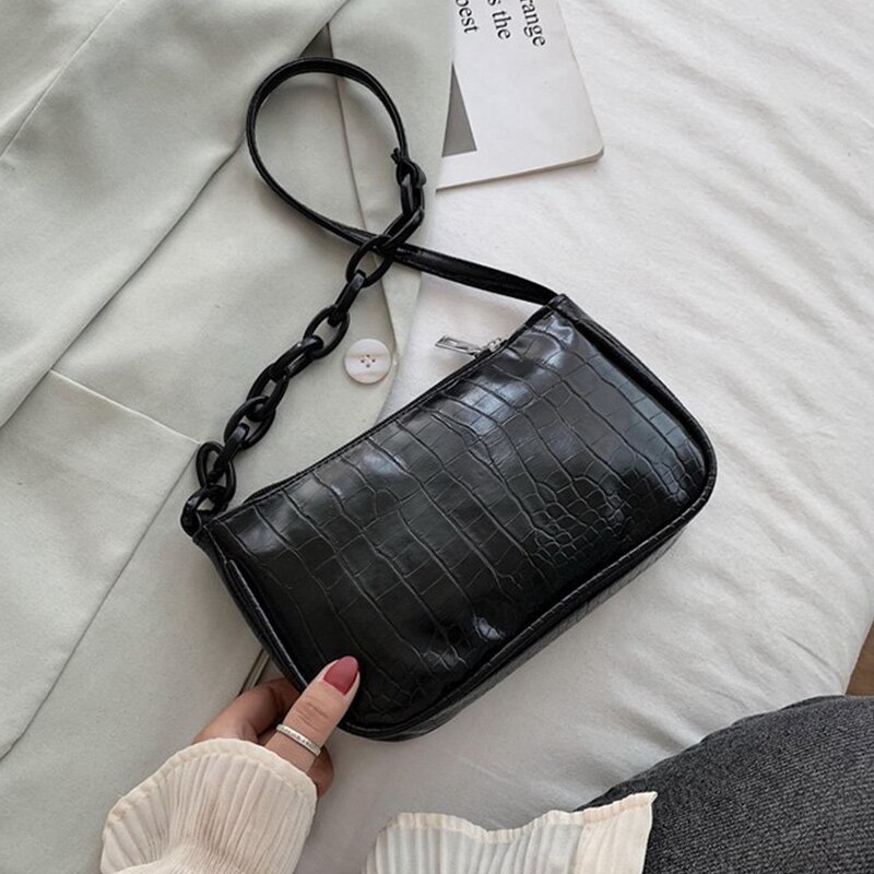 Bolso Baguette con de cocodrilo para mujer, cadena de Color caramelo , Bolso pequeño de hombro para mujer, moderno, bolso para axila de cuero: Black