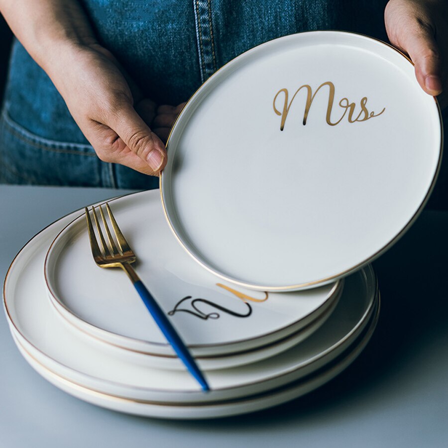 MUZITY Ceramic Plate White Plate With Gold Inlay 6/8/10 inch Porcelain Dinner Plate Set Breakfast Set