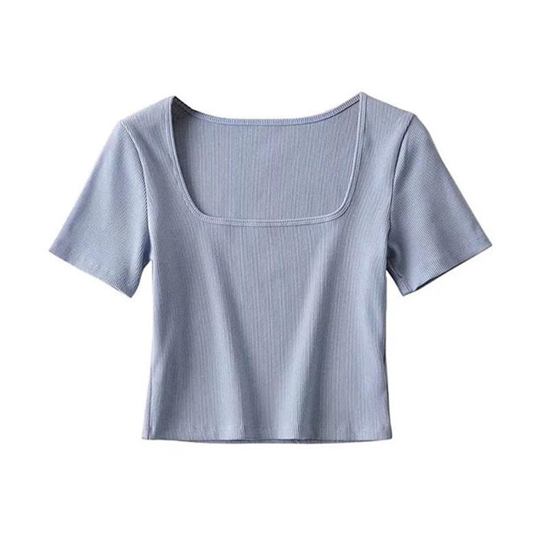 Haut court côtelé à col carré pour femme, t-shirt à manches courtes: L / Bleu