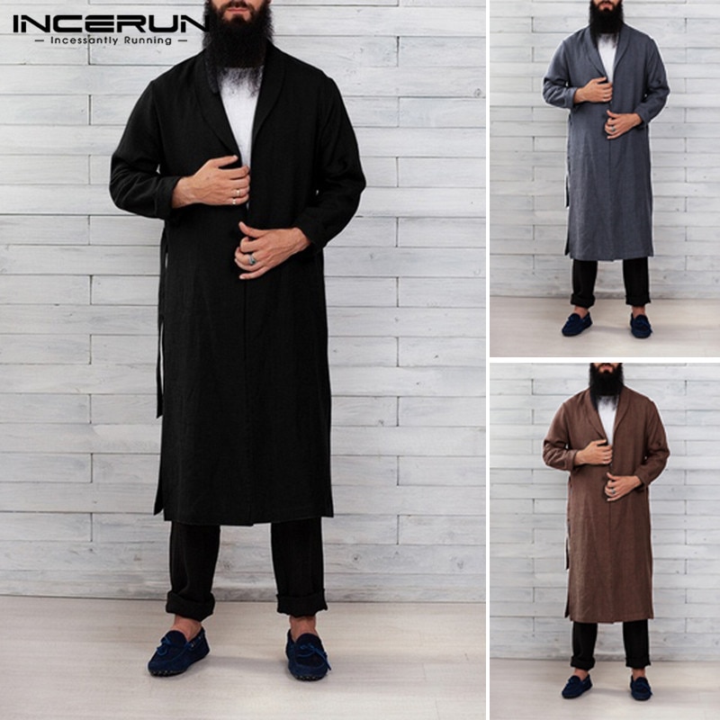 INCERUN Mode Comfort Katoen Mannen Solid Revers Lange Mouw Nachtjapon Heren Badjas Casual Riem Kamerjas Homewear Pyjama