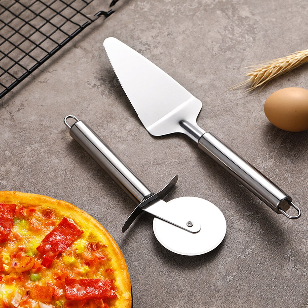 2-piece Set Utensils Pizza Shovel Stainless Steel Pizza Knife Kitchen Gadgets Bakeware Dining Bar Cake/pancake cutter: Silver-Two piece set
