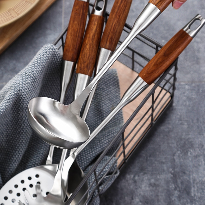 Juego de utensilios de cocina de acero inoxidable 304 con mango de palisandro, cucharón, espátulas, pinzas, utensilios de cocina antiadherentes, 1 Uds.