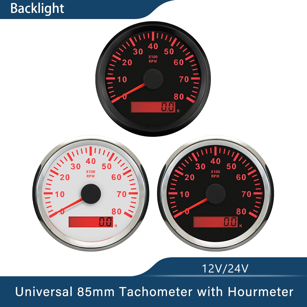 85mm Tachometer RPM REV Counter 3K 4K 6K 7K 8K RPM with LED Hourmeter Car Truck Boat Universal Outboard Red Backlight