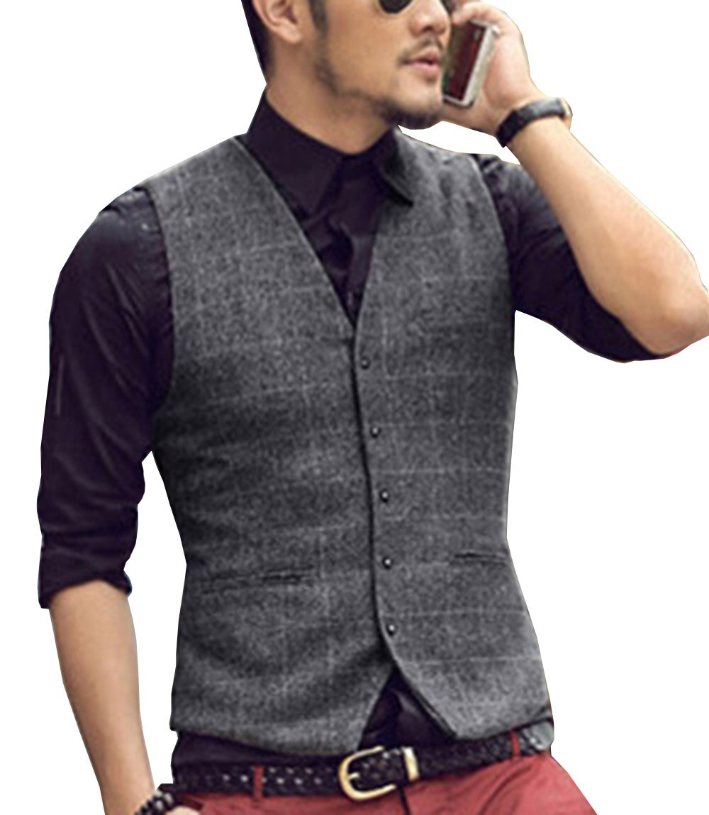 Herre jakkesæt vest plaid hals uld brun enkeltradet slim fit casual formel business groomman vest til bryllup bedste mand: Grå / Xs